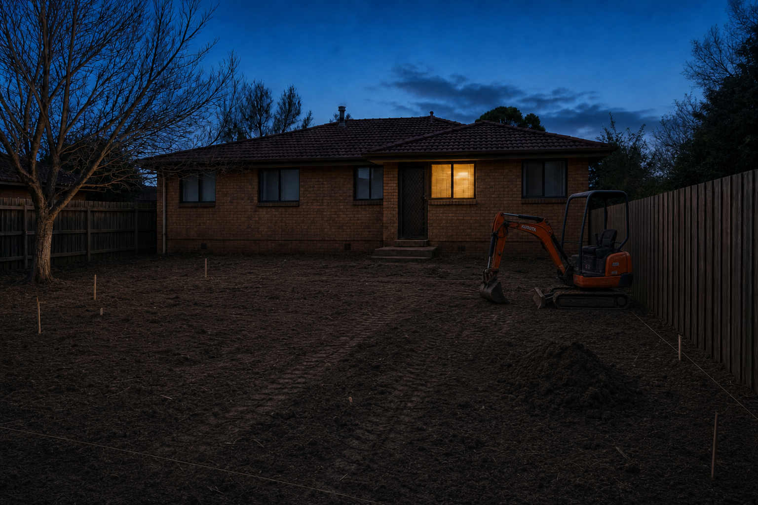 The same backyard stripped back to bare earth, mini excavator at work