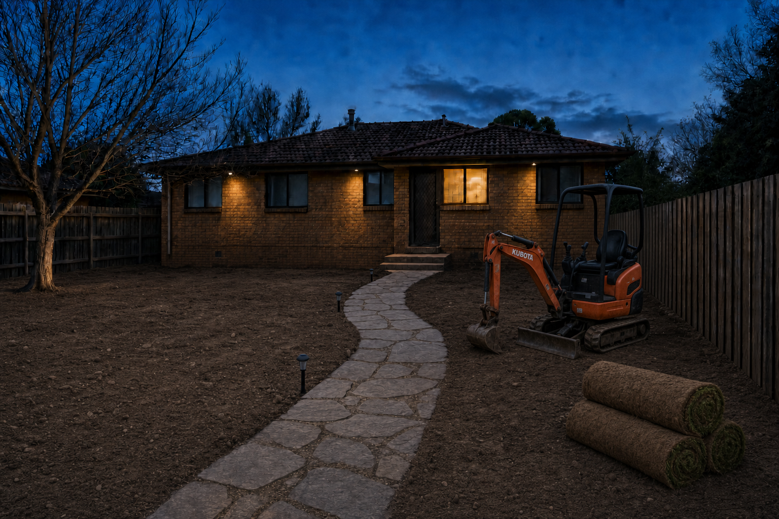 The same backyard with fresh turf rolling out and a stone path being laid