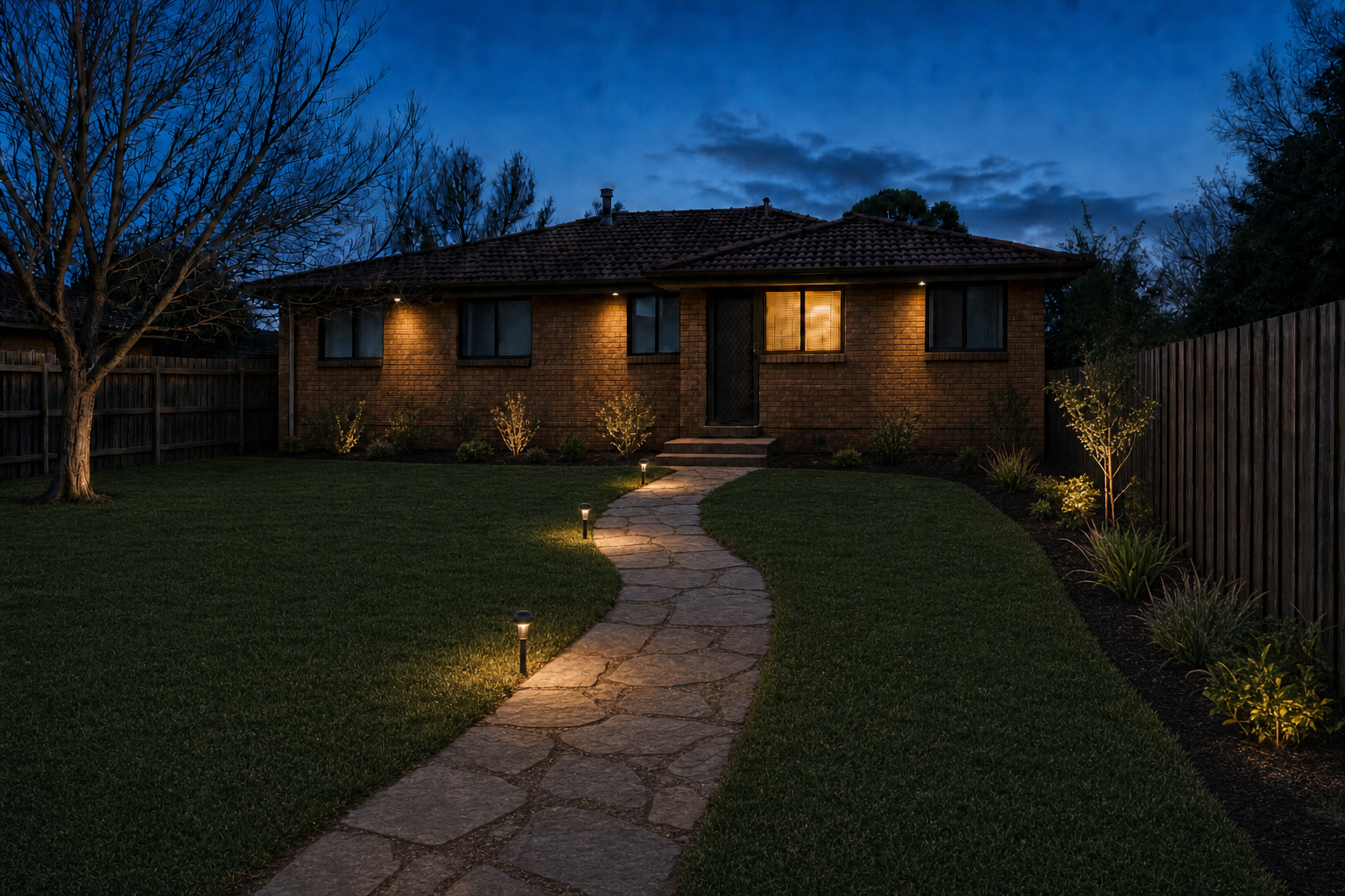 The same backyard fully landscaped at dusk: lush lawn, curved stone path with glowing lights, native garden beds and a timber bench